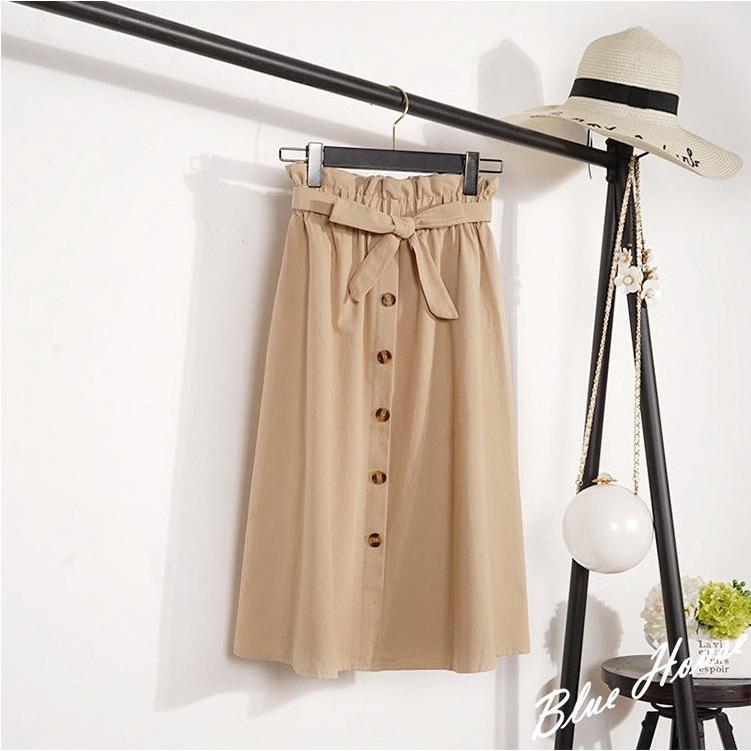 Chân Váy Midi Nữ Kaki Nơ Eo Viền Bèo Hàng Cúc Giữa Dáng Dài