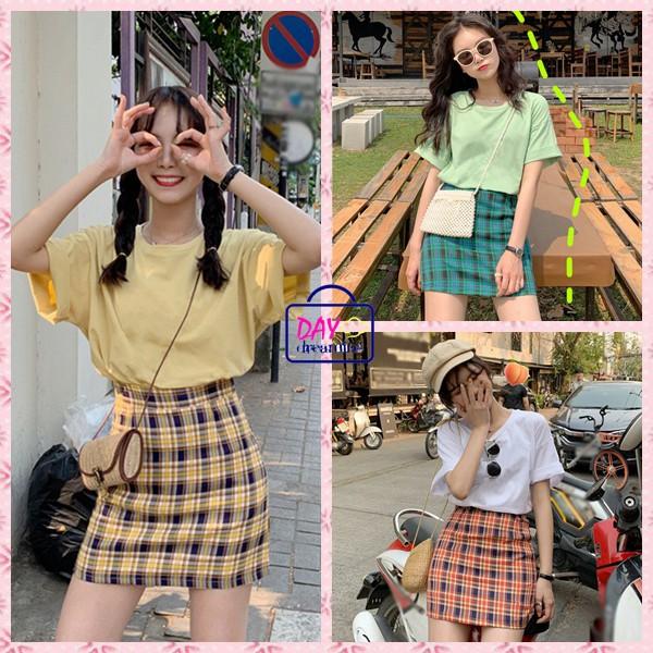 Women Fashion Stitching Color Lattice High Waist Skirt Slim A Line Skirt