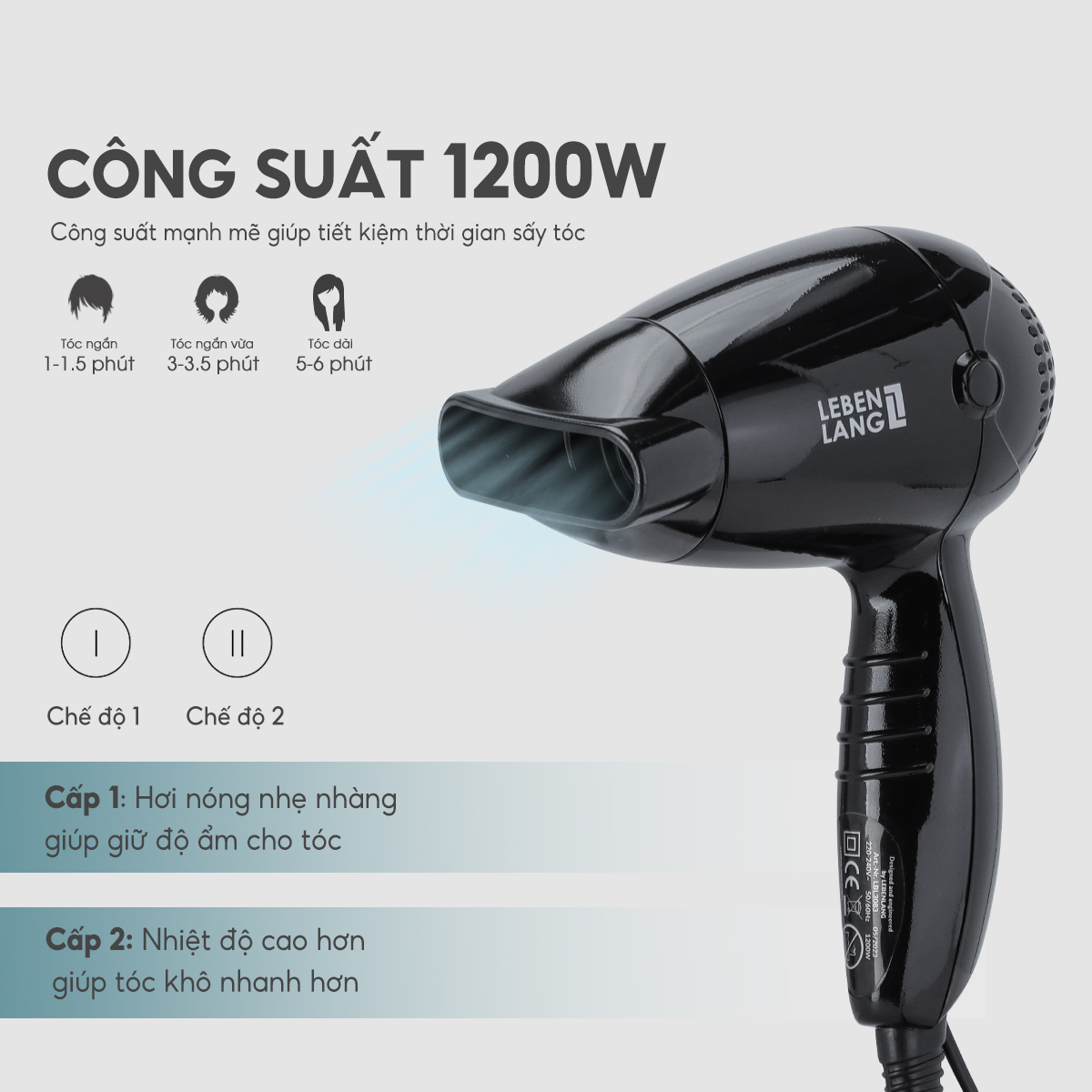 Máy sấy tóc mini Lebenlang LBL3083, chống xơ rối tóc bằng công nghệ ion 1200W, nhỏ gọn tiện lợi, tặng kèm túi đựng, bảo hành 2 năm - hàng chính hãng