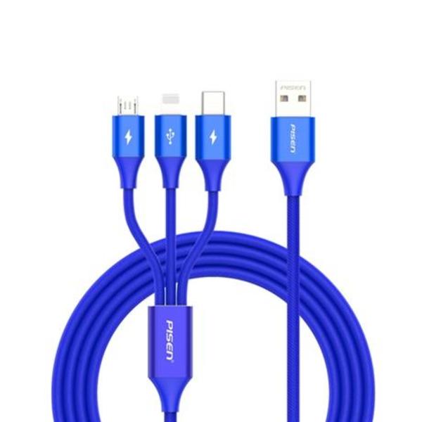 Cáp Pisen 3-in-1 (Lightning &amp; Type-C &amp; Micro USB ) Aluminum alloy braided 1,2m - Hàng chính hãng