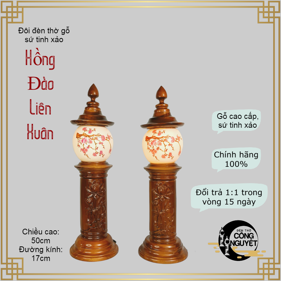 Đôi đèn thờ gỗ sứ cao cấp HỒNG ĐÀO LIÊN XUÂN