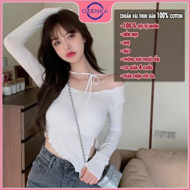 Áo thun croptop tay dài sẻ gấu cổ rộng nữ OZENKA chất thun gân cao cấp 100% cotton màu đen trắng free size dưới 50 cân