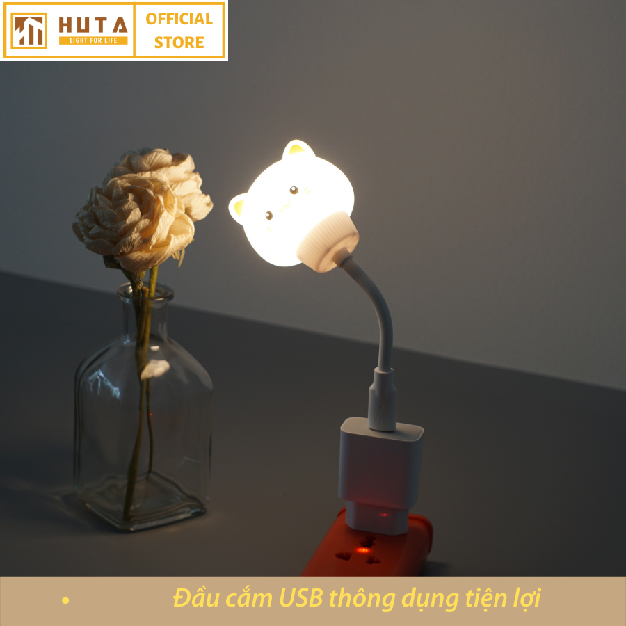 Đèn Ngủ Mèo Mini HUTA Cute Dễ Thương, Đầu Cắm USB, Uốn Dẻo Tiện Lợi, Hình Thú Dễ Thương Ánh Sáng Vàng, An Toàn Cho Bé