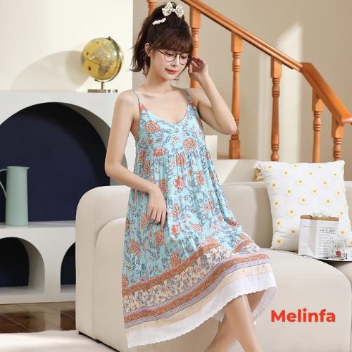 Váy ngủ hai dây nữ vải Cotton lụa tự nhiên thoáng mát mềm mại, đầm mặc nhà mùa hè freesize mã VAV0288