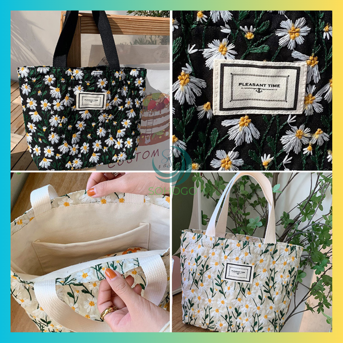 -Túi xách thời trang nữa họa tiết thêu hoa cúc nhỏ 30x21x10cm-Túi Tote handmade