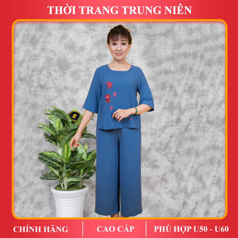 Set bộ trung niên iDiva B1-01, chất liệu lụa đũi cao cấp, hoa vẽ, dáng suông phù hợp U50 dự tiệc &amp; dạo phố