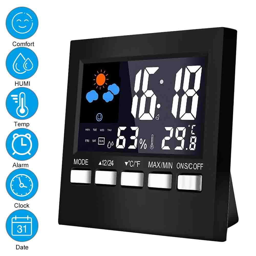 Máy đo thời tiết kỹ thuật số LCD đa chức năng kèm đồng hồ báo thức điều khiển bằng giọng nói
