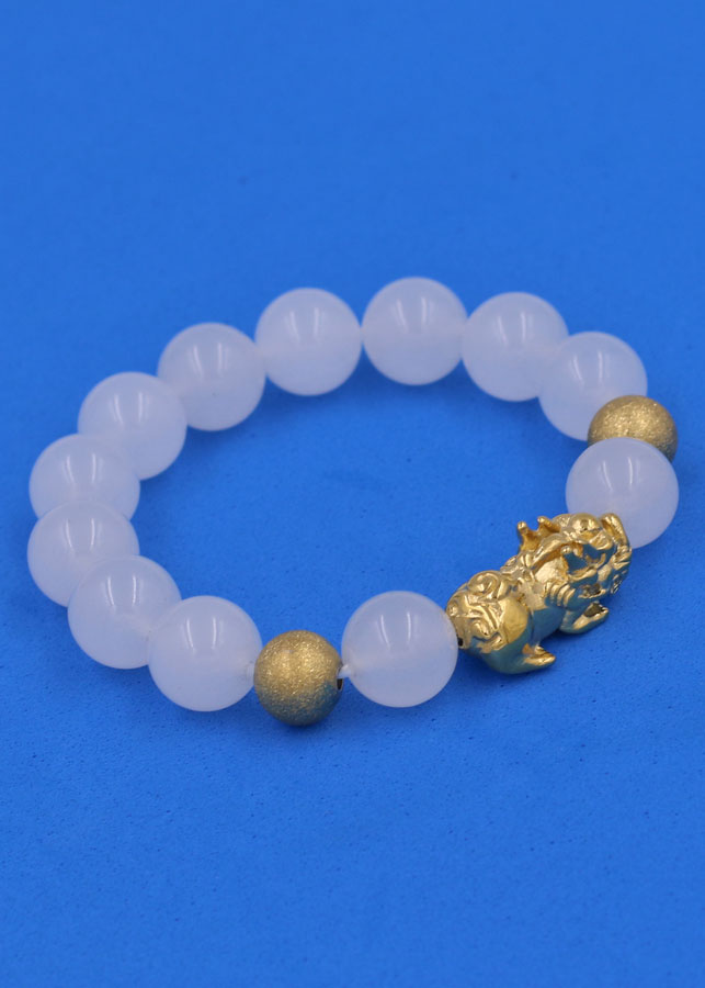 Chuỗi đeo tay Thạch Anh Trắng 12 ly - cẩn Tỳ Hưu Phong thủy inox vàng VTATTHHBV12 - hợp mệnh Kim, mệnh Thủy