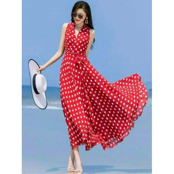 ĐẦM MAXI CHẤM BI CỔ V
