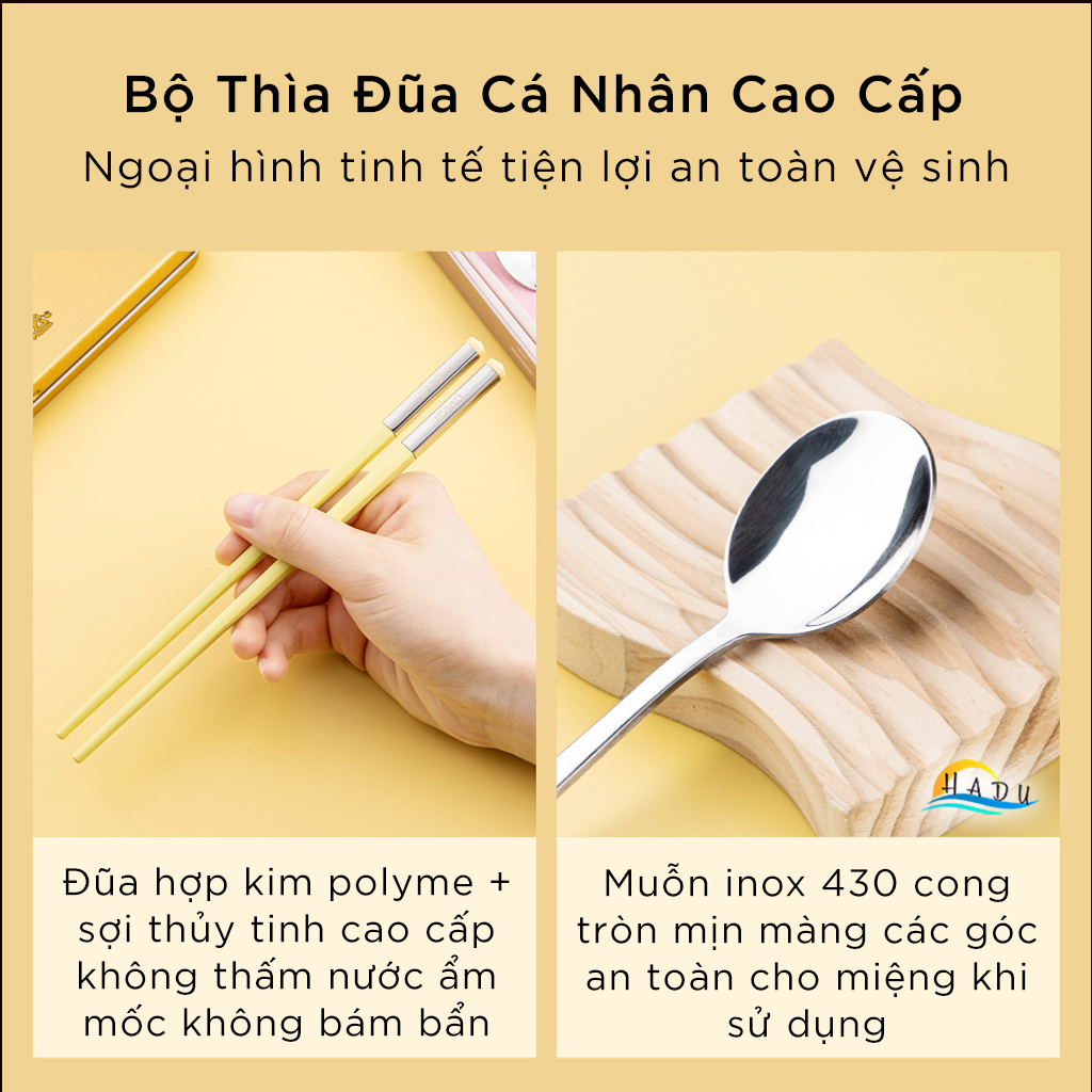 Bộ Thìa Đũa Cá Nhân Văn Phòng Inox Có Hộp Không Gỉ Cao Cấp Đạt Chất Lượng Đức HADU