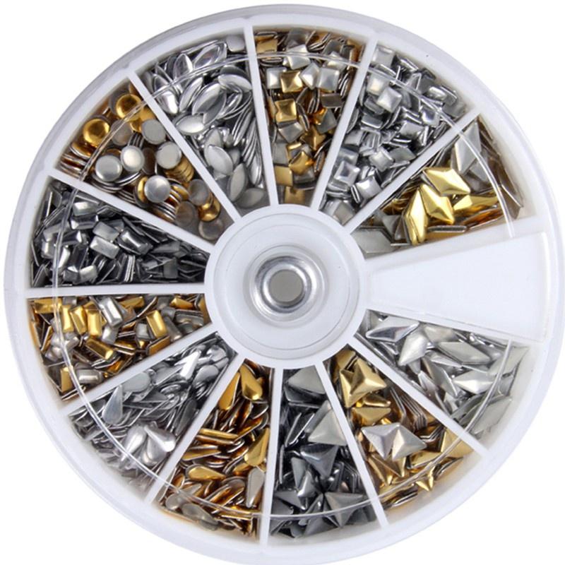 600 pcs 3D Design  Art Different Metallic Studs Gold &amp; Sier Stud Wheel Manicure