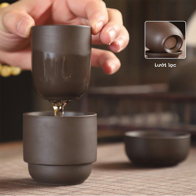 Bộ ấm trà xách tay tiện lợi khi đi du lịch DL6 gồm bốn ly, túi xách tay đơn giản kiểu Nhật, ấm trà cầm tay, tách trà
