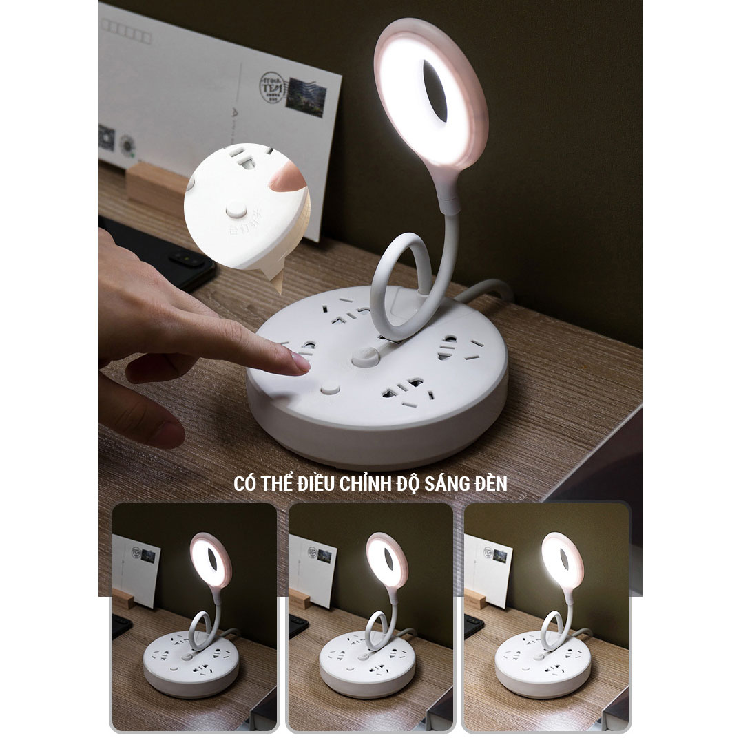 Ổ Cắm Điện Tròn NAVIVU Kết Hợp Đèn Bàn, Cổng Sạc USB, Dây Chịu Tải 2500W, Chống Cháy