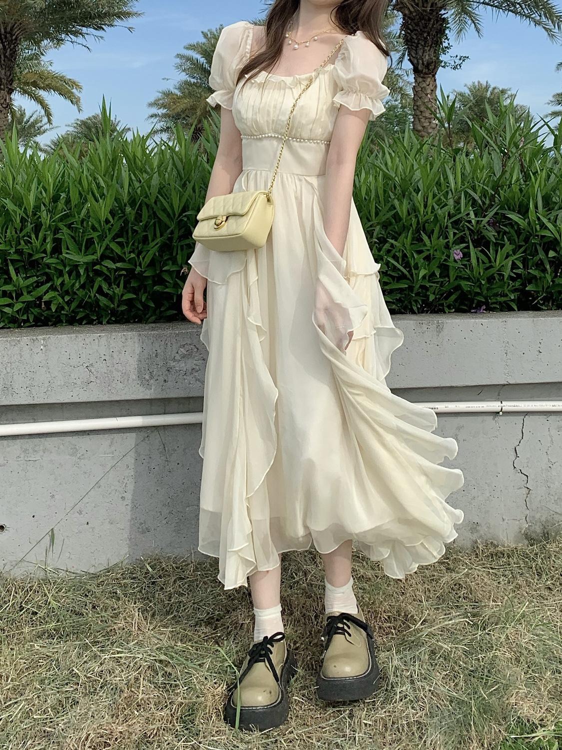 SHUANGYAN Phong cách Pháp cổ vuông nhẹ nhàng Fairy Wind Dress cho phụ nữ mùa hè 2023 Thắt lưng cho phụ nữ