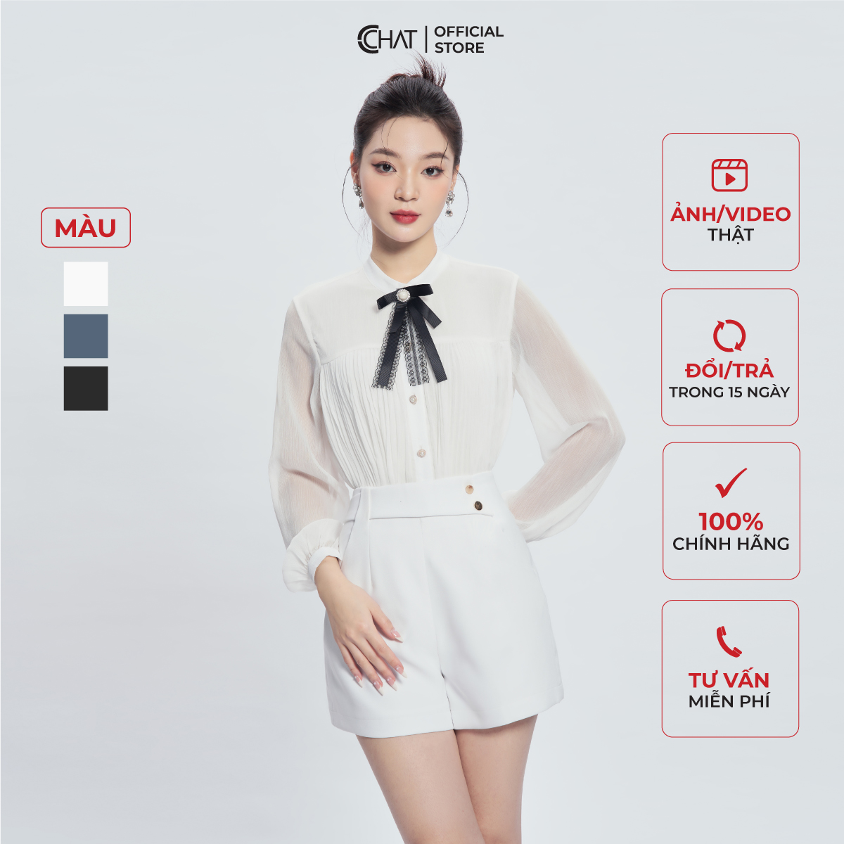 Áo Sơ Mi Nữ  Dập Ly Thân Tay MS Phối Nơ Cổ Chất Voan Cao Cấp 53FDV2011ST