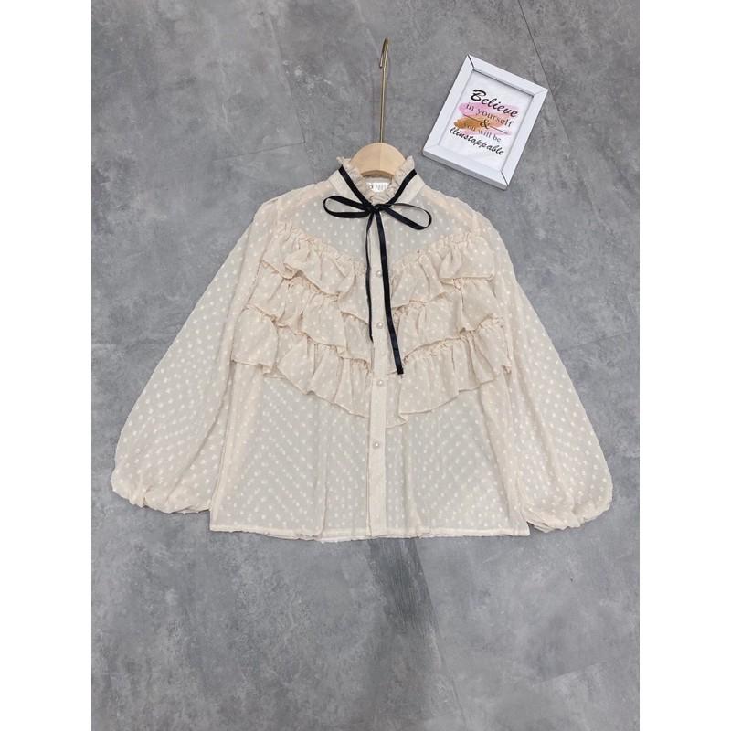 Áo Sơmi Bèo Voan Bi Tiểu Thư, Áo Kiểu Cổ Ren Nơ Điệu Đà Có Ảnh Thật Kèm Video