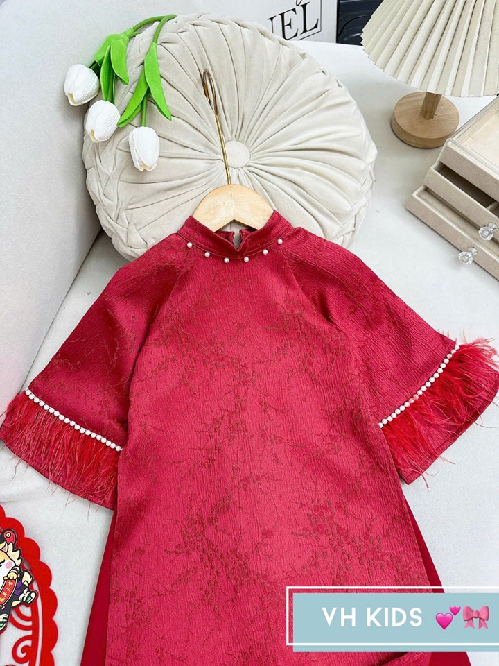 Áo dài cho bé gái mẫu lông vũ xinh xắn diện lễ tết năm mới từ 10-35kg hàng thiết kế cao cấp