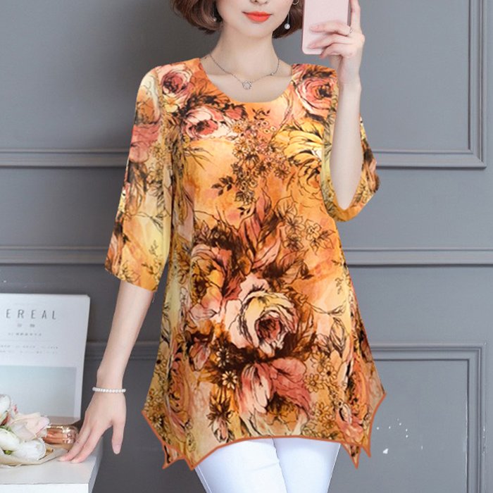 GOTI - Áo Kiểu Trung Niên Voan Hoa Dáng Rộng Kiểu Áo Sơ Mi Cột Nơ 2 in 1 - Áo Trung Niên Dành Tặng Mẹ U40 U50 3A20