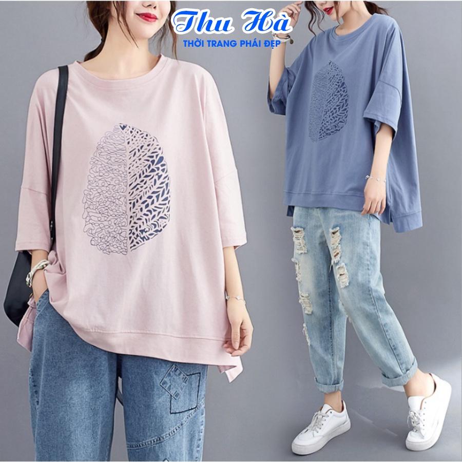 Hình ảnh Áo thun unisex tay lỡ Thu Hà áo phông form rộng chất liệu thun Cotton co giãn in hình 3 Cô Gái