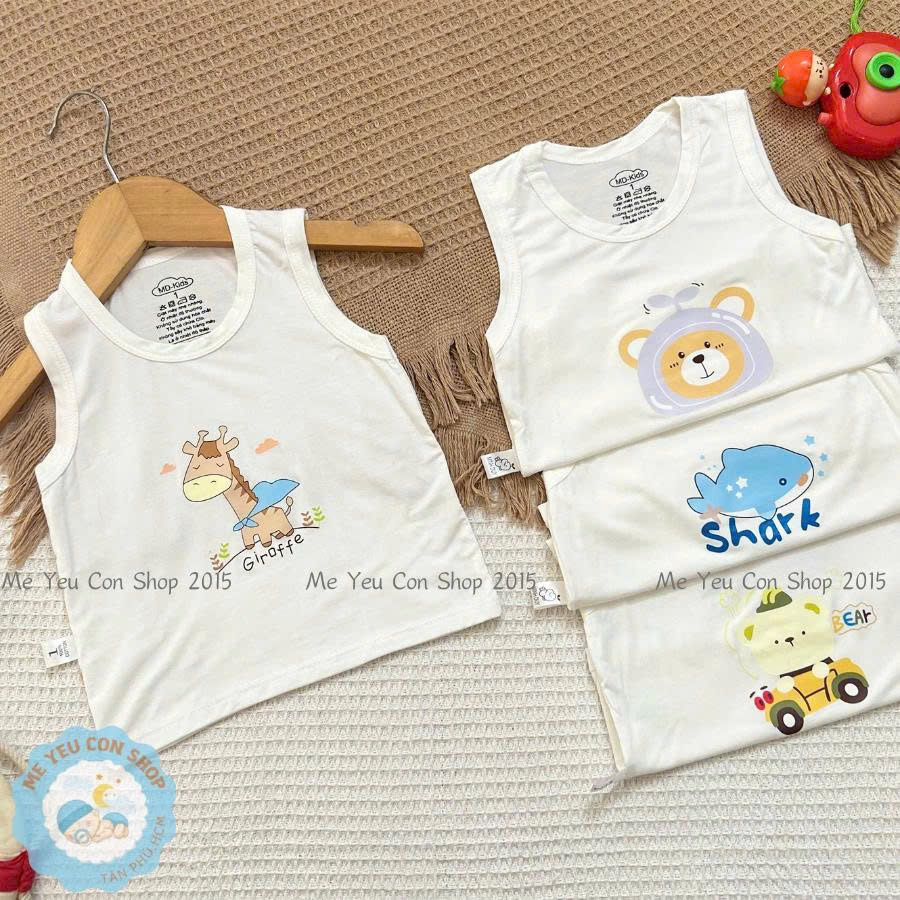 [4-14kg] Áo Ba Lỗ Sát Nách Trắng Kem Chất THUN LẠNH PETIT In Hình Dễ Thương Cho Bé