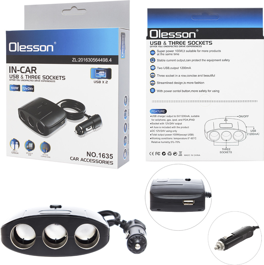 Bộ Chia Tẩu Sạc Dành Cho Xe Ô Tô 3 Cổng Tẩu & USB Model 1635 IN-CAR OLESSON