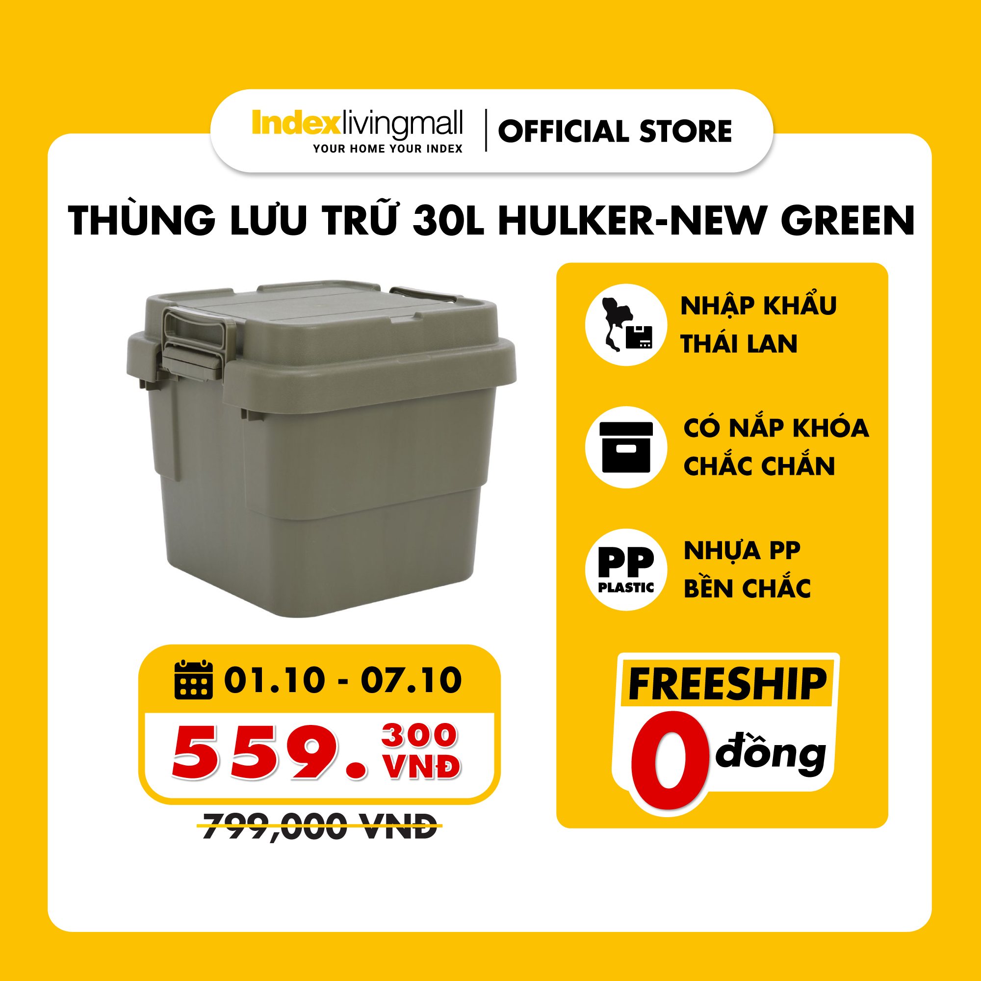 Thùng lưu trữ, hộp đựng đồ đa năng bằng nhựa PP cao cấp 30L HULKER NEW màu Xanh quân đội| Index Living Mall