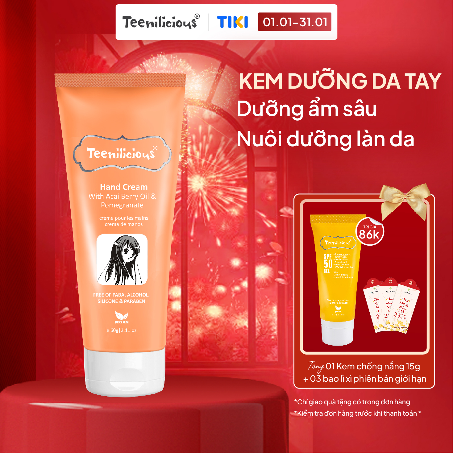 Kem Dưỡng Da Tay Teenilicious Hand Cream With Acai Berry Oil &amp; Pomegranate Giúp Dưỡng Ẩm, Mềm Mịn Da 60g