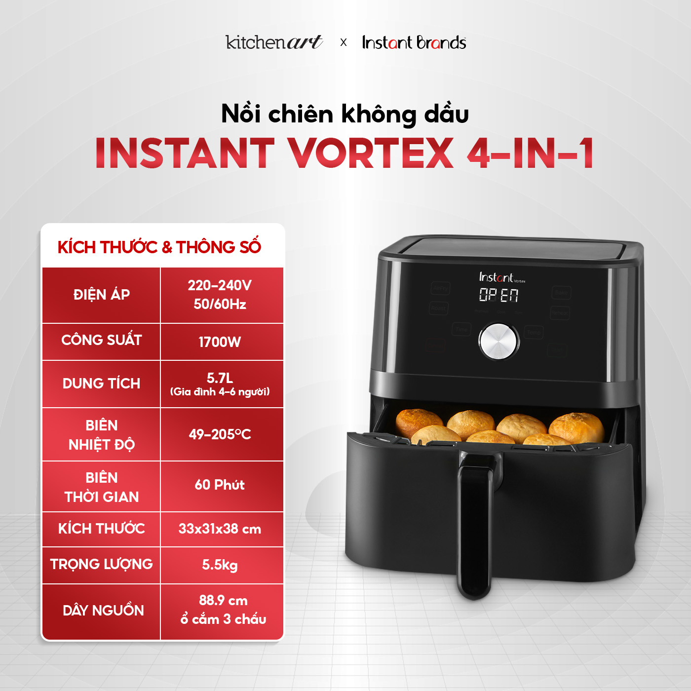 Nồi Chiên Không Dầu INSTANT VORTEX 4-IN-1 Dung Tích 5.7L - Hàng Chính Hãng