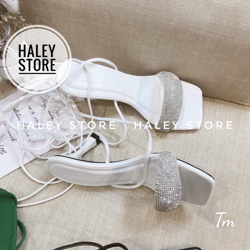 Giày sandal chiến binh nữ 7cm HALEY STORE quai ngang đính đá xoàn lấp lánh tiểu thư sang trọng cột dây rẻ bền đẹp