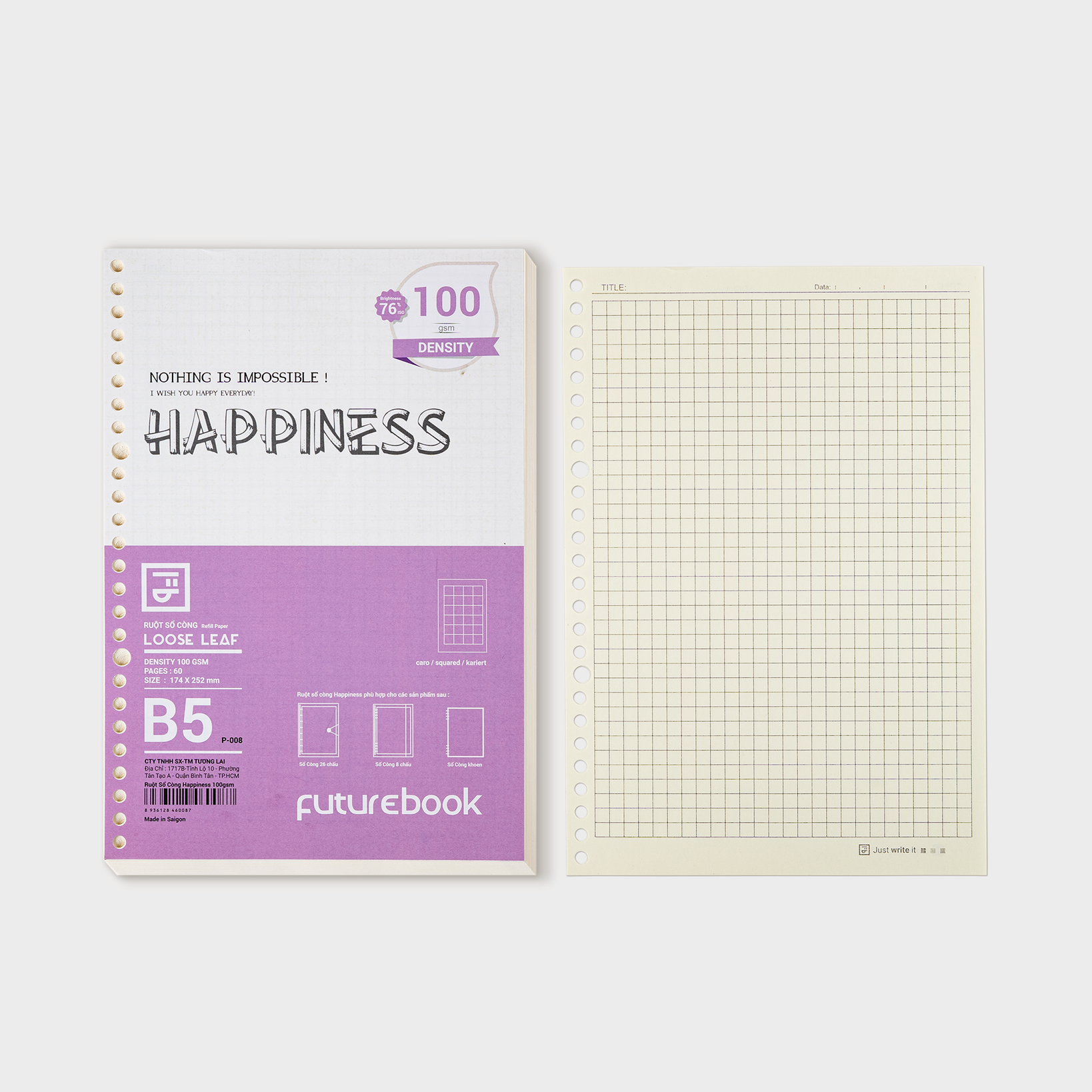 Giấy refill ruột sổ còng Binder Happiness B5 26 lỗ, caro chấm dot kẻ ngang, làm sổ tay planner FUTUREBOOK Mã P008