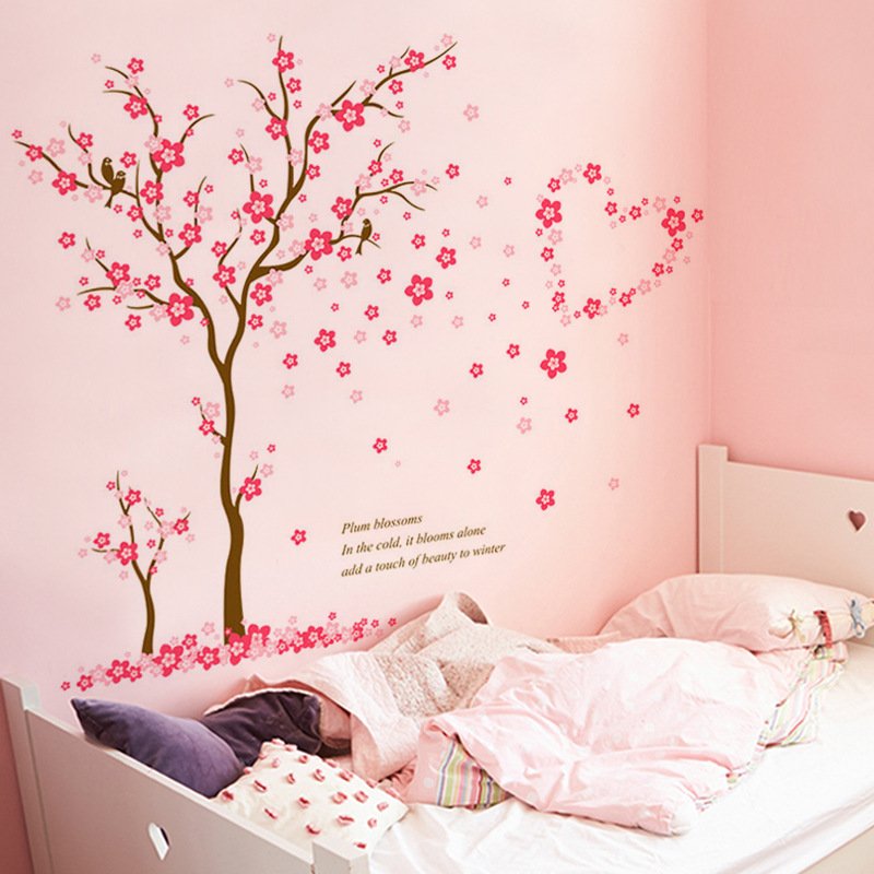 Decal dán tường cây đào hồng dễ thương sang trọng