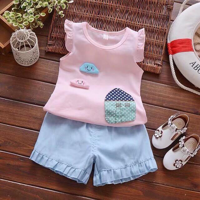 Bộ cộc bé gái combo 5 bộ cotton 4c size 5-20kg