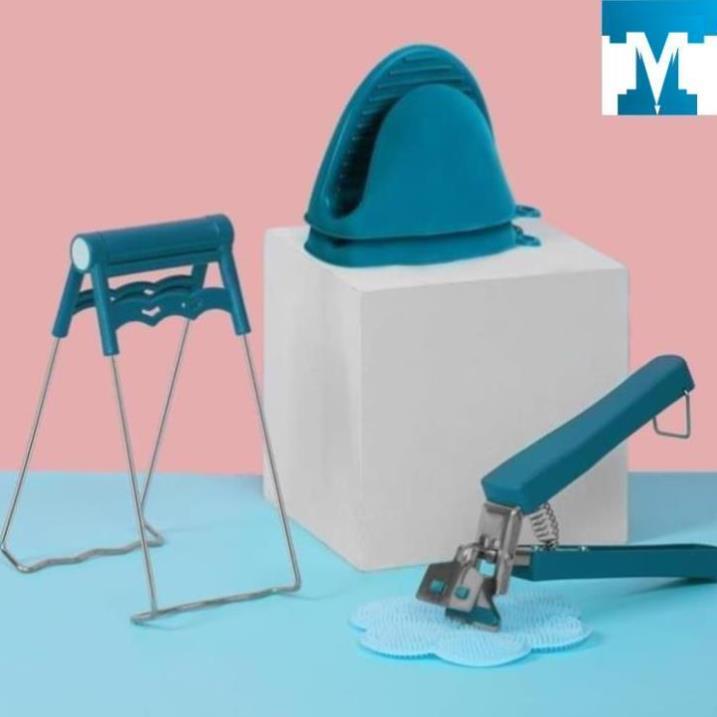 Bộ Dụng Cụ Kẹp Gắp Đồ Nóng Thức Ăn Đa Năng Inox Chống Bỏng Kèm Găng Tay, Miếng Lót Nồi Silicon