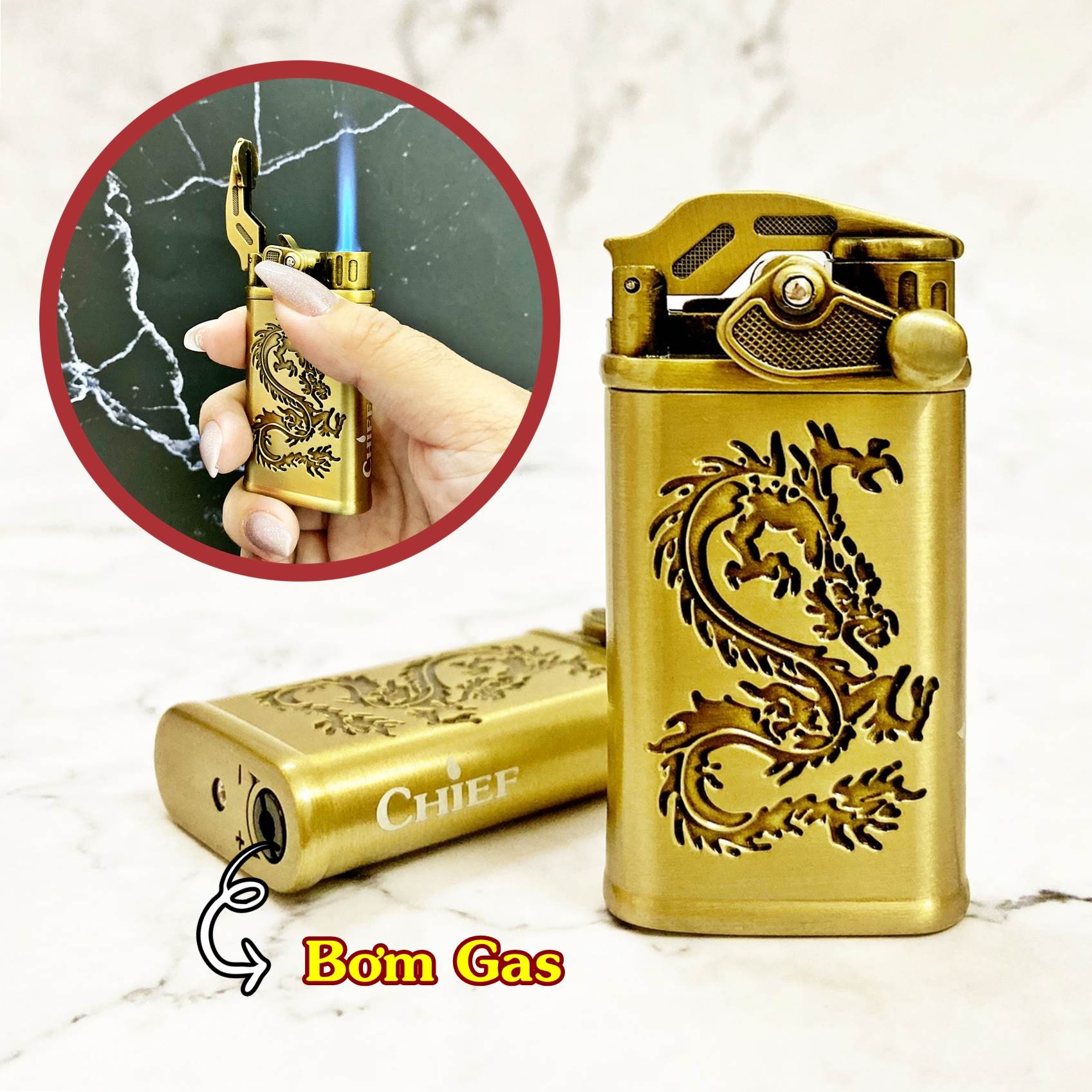 Hột quẹt bật lửa khè CHIEF búng tay đánh lửa hình rồng CF020- xài gas