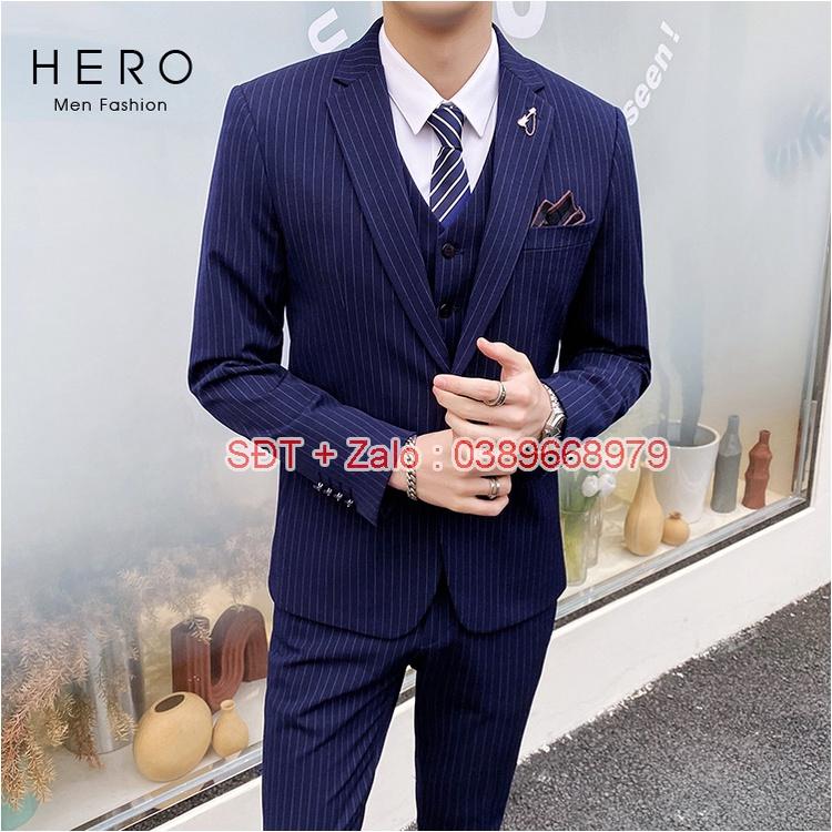 Bộ Vest Nam Cao Cấp màu Xanh than Kẻ sọc, Suit Nam Hàn Quốc Chất Vải Sịn, Quần có tăng chỉnh size