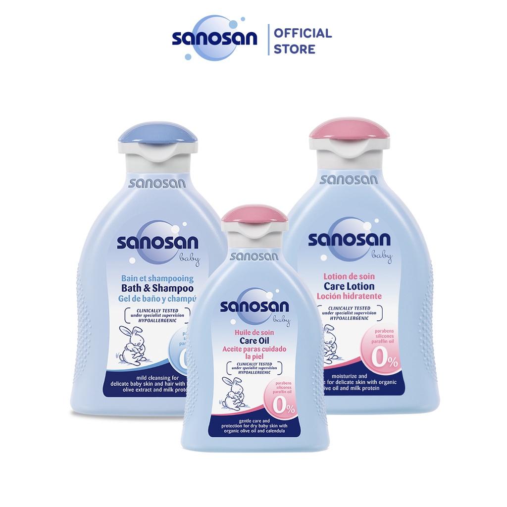 Combo 3 Sữa tắm gội dịu nhẹ 200ml + Dầu mát xa 200ml + Sữa dưỡng thể 200ml Sanosan Baby chiết xuất Olive Hữu cơ