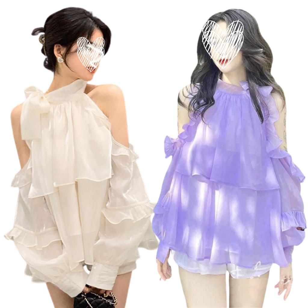 Áo Polo Sơ Mi Cách Điệu Xẻ Dưới Hai Màu Siêu Cá Tính Vải Tơ Ánh Cổ Nơ Baby Doll 2 Tần Bèo