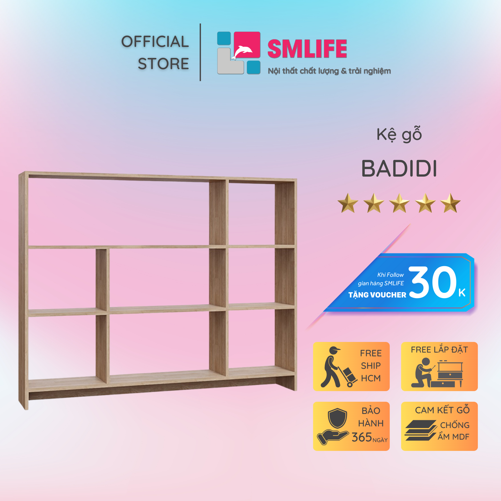 Giá sách gia đình từ gỗ công nghiệp SMLIFE Badidi