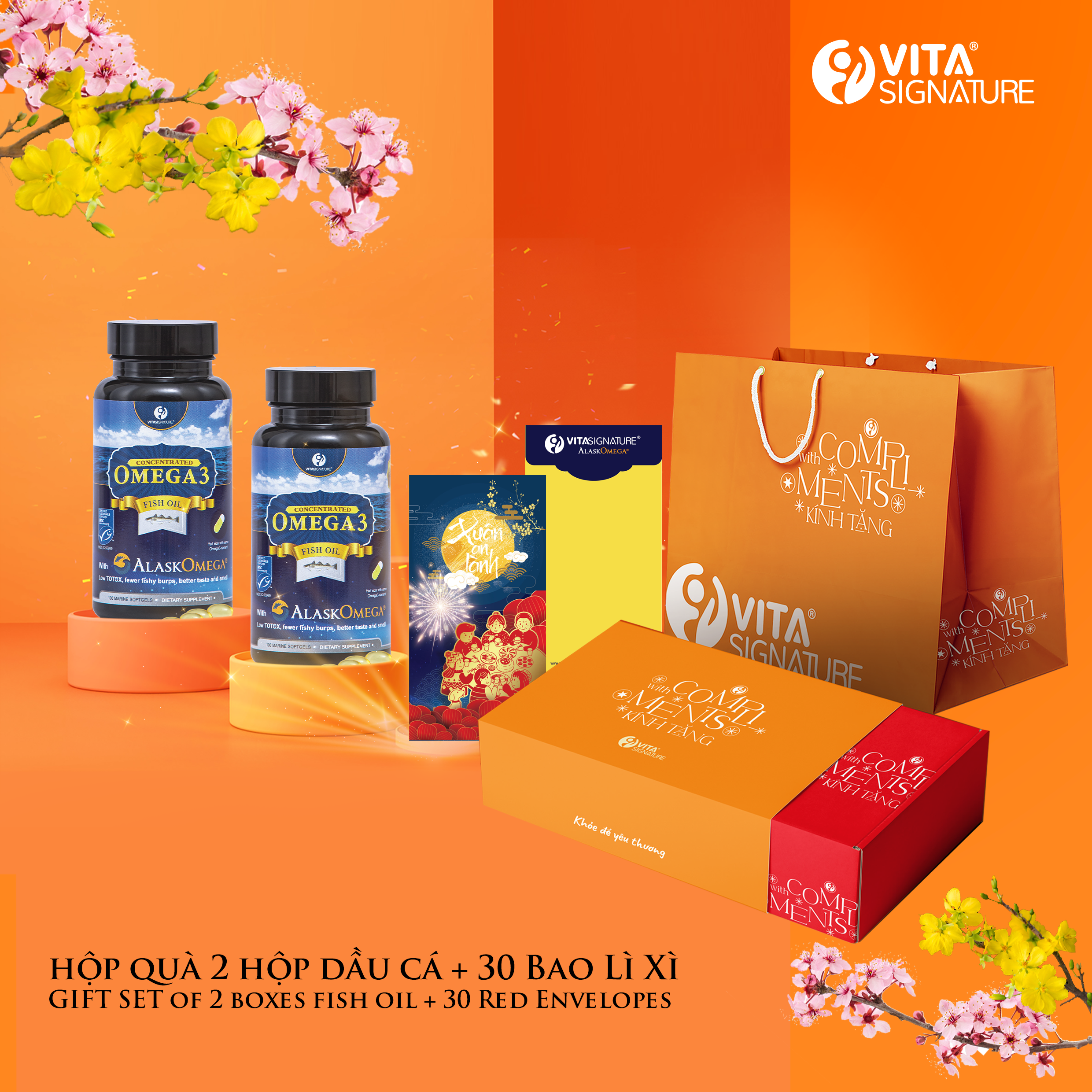 Set quà Tết- Vita Signature-  Combo 2 chai Dầu cá tươi AlaskOmega 3 - 60 viên Fish Oil