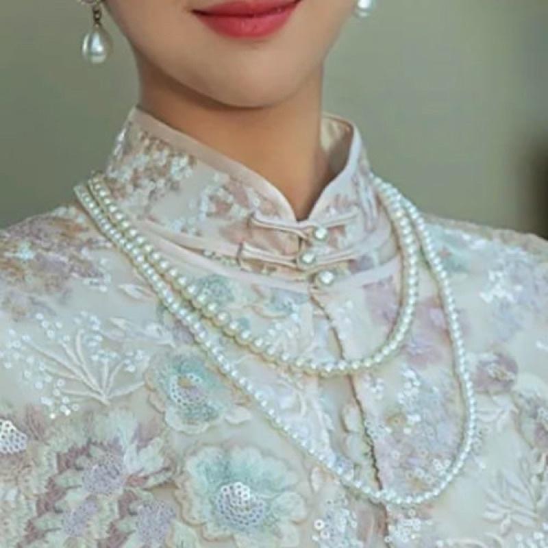 N399 vòng cổ hạt Trai, dây chuyền hạt bẹt dây chuyền mang áo dài 2 sợi dài D nhiều kích cỡ cho nữ