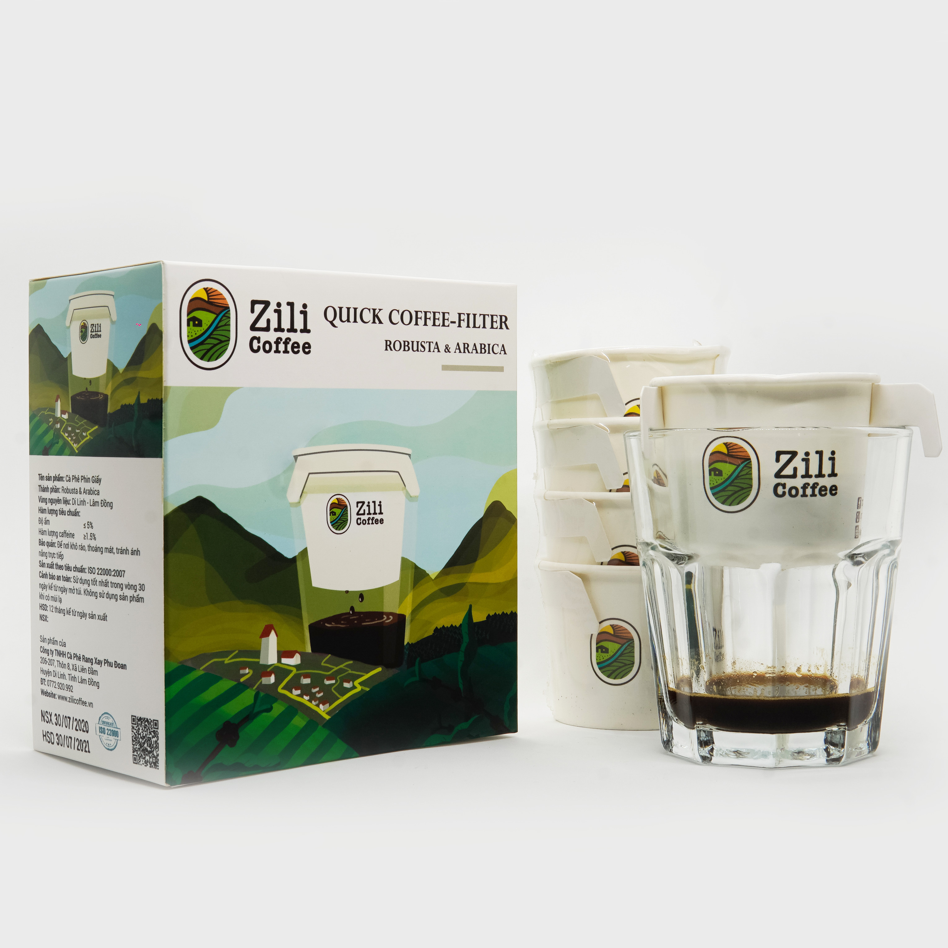 Cà phê rang xay phin giấy tiện lợi Zili 100% nguyên chất (hộp gồm 8 phin giấy + 8 gói đường)