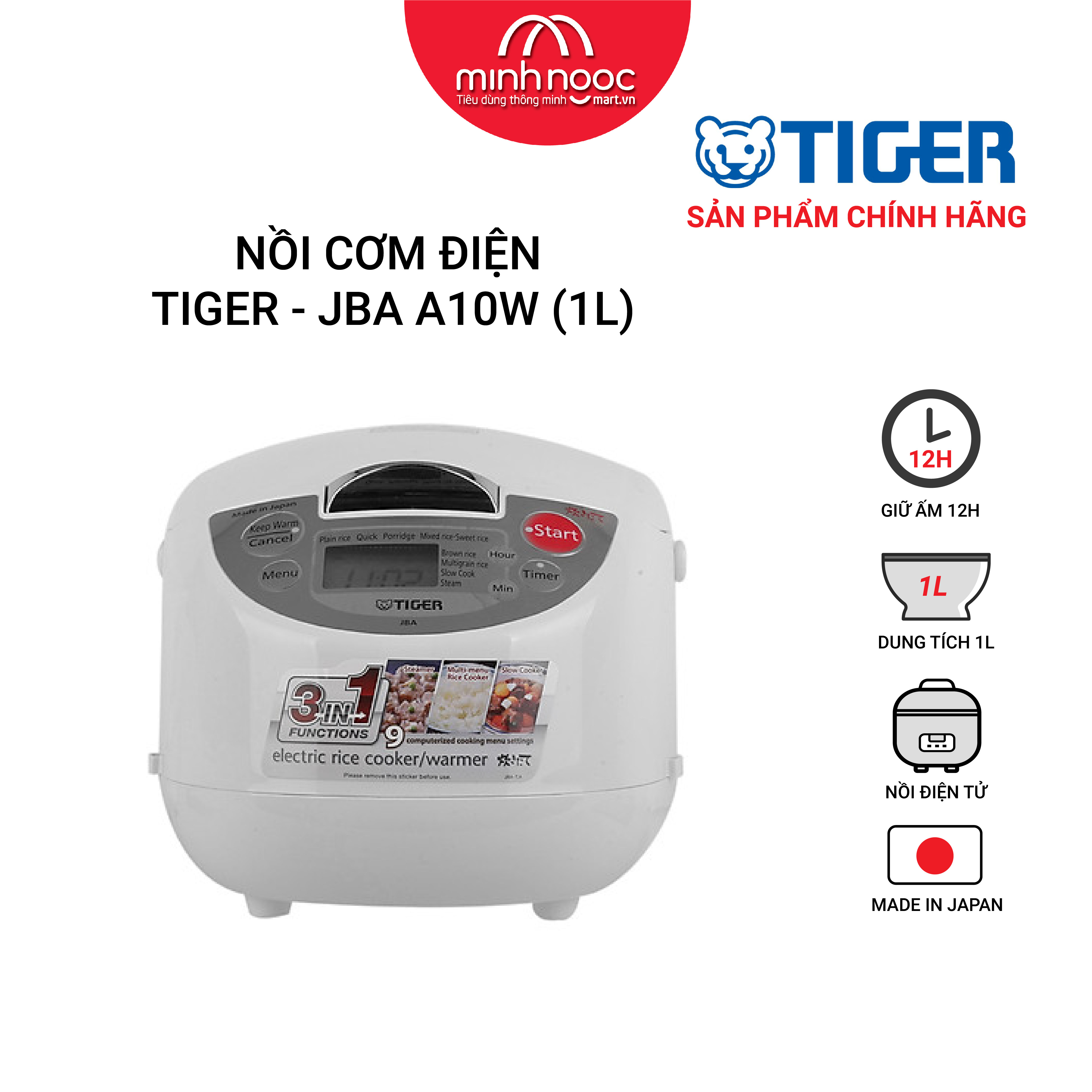 HÀNG CHÍNH HÃNG: Nồi cơm điện Tiger dung tích 1.0l JBA - A10W MADE IN JAPAN màu trắng