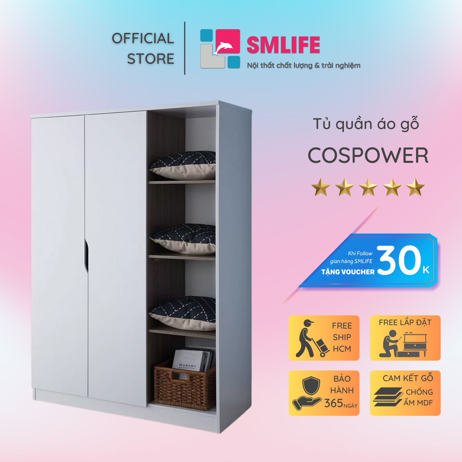 Tủ quần áo cho bé tự đứng đồ bằng gỗ công nghiệp SMLIFE Cospower
