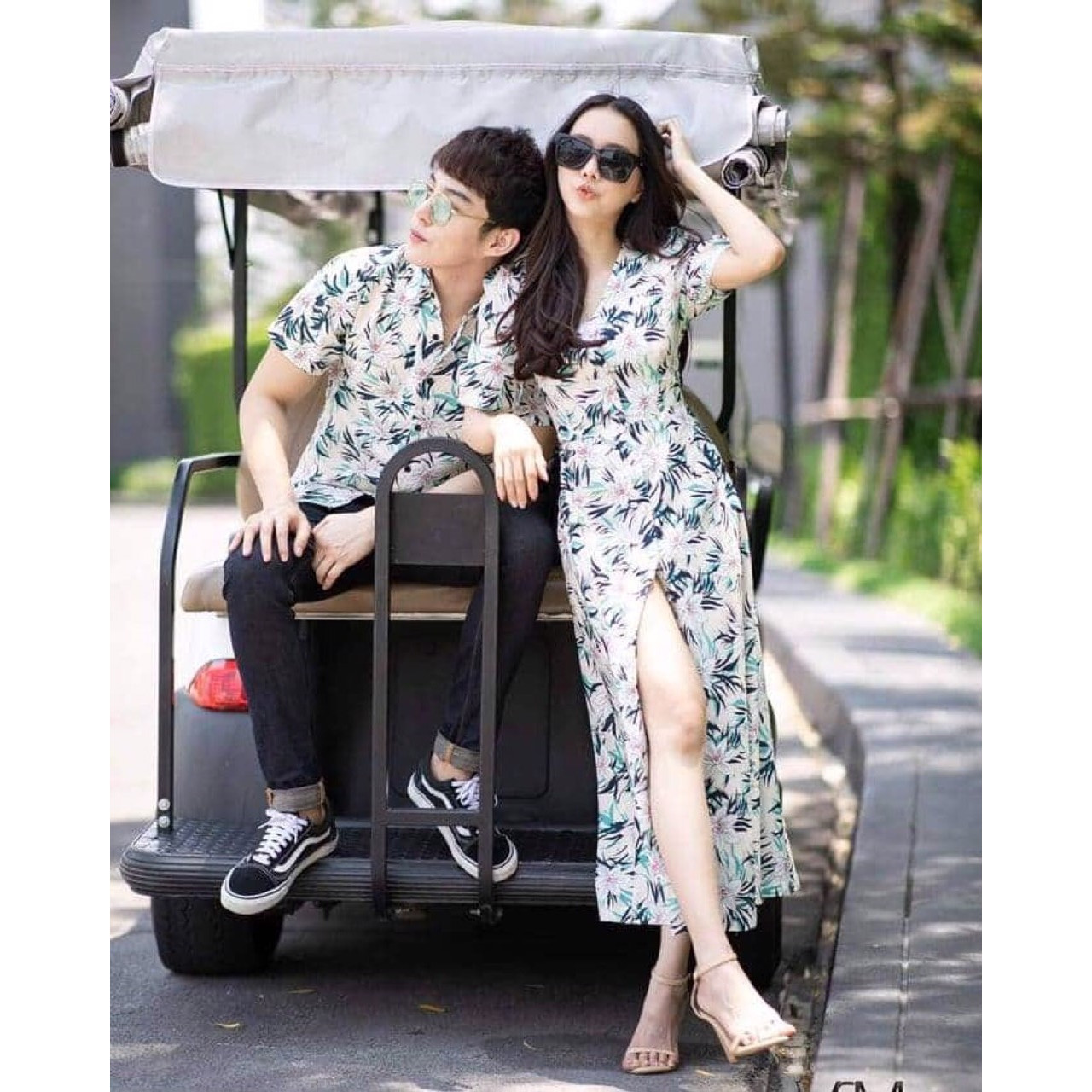 Set Áo váy đôi sơ mi CoupleTina họa tiết đi biển mềm mịn cao cấp