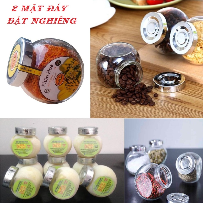 Hũ đựng gia vị đẹp 380ml mẫu Tròn Dẹt kiểu Nghiêng 2 đáy - Nắp nhựa màu bạc - Hũ thủy tinh đựng mứt kẹo, mật ong, sữa ong chúa, thực phẩm, mỹ phẩm