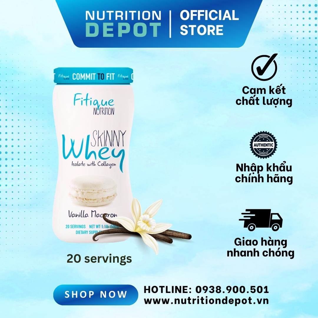 Sữa tăng cơ giảm mỡ chứa Collagen dành cho Nữ Skinny Whey Isolate Fitique Nutrition hũ 500g vị Vanilla Macaron - Nutrition Depot