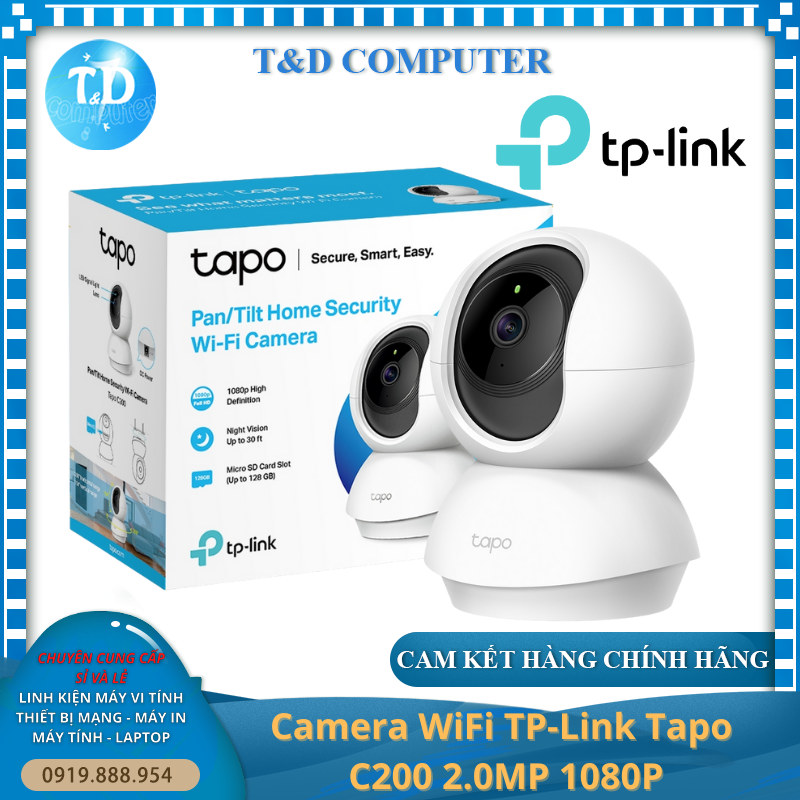 Camera WiFi TP-Link Tapo C200 2.0MP 1080P (Không kèm thẻ) Đèn hồng ngoại Âm thanh 2 chiều - Hàng chính hãng FPT phân phối