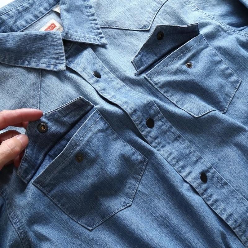 Áo sơ mi denim wax nhẹ cực bụi_nam tính - Xanh lợt
