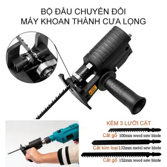 Bộ Chuyển ĐổiMáy Khoan Thành Máy Cưa Điện Cầm Tay Kèm 3 Lưỡi Cắt Gỗ, Kim Loại Đa Năng Hiệu Quả