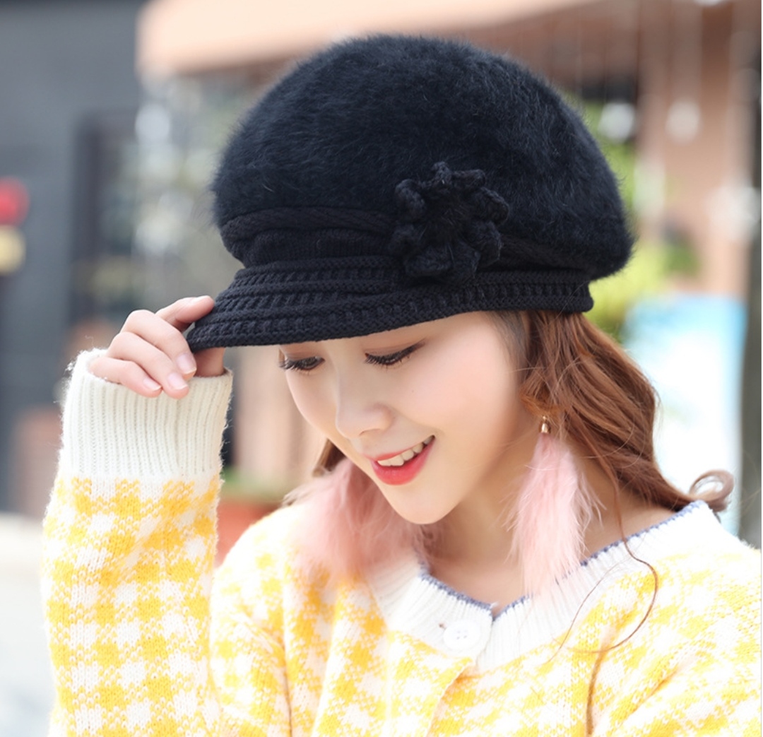 Mũ nón Len lông thỏ nữ 2 lớp lưỡi trai giữ ấm thu đông thời trang Hàn Quốc dona25112701